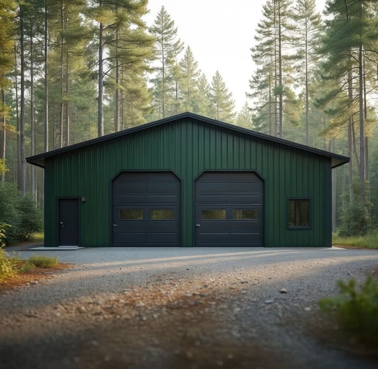 Dark green pole barn with two overhead doors on a gravel drive