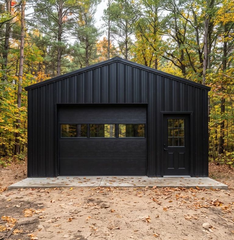 Black post frame garage with a windowed overhead door on a concrete slab