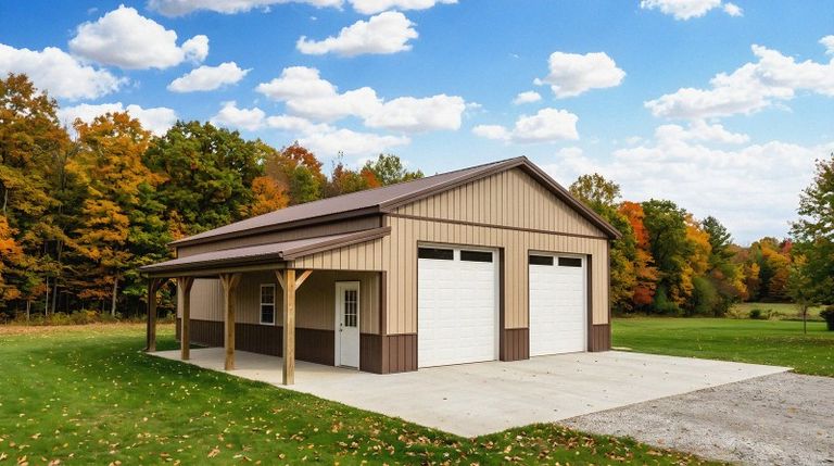 Tan pole barn with a covered porch overhang and two overhead doors