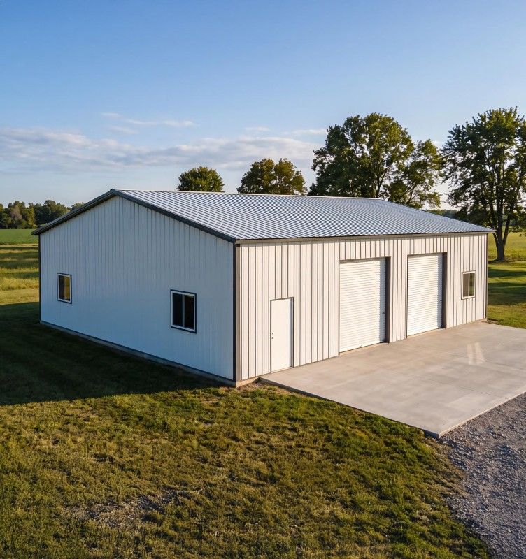Green pole barn garage with brown wainscot and two overhead doors