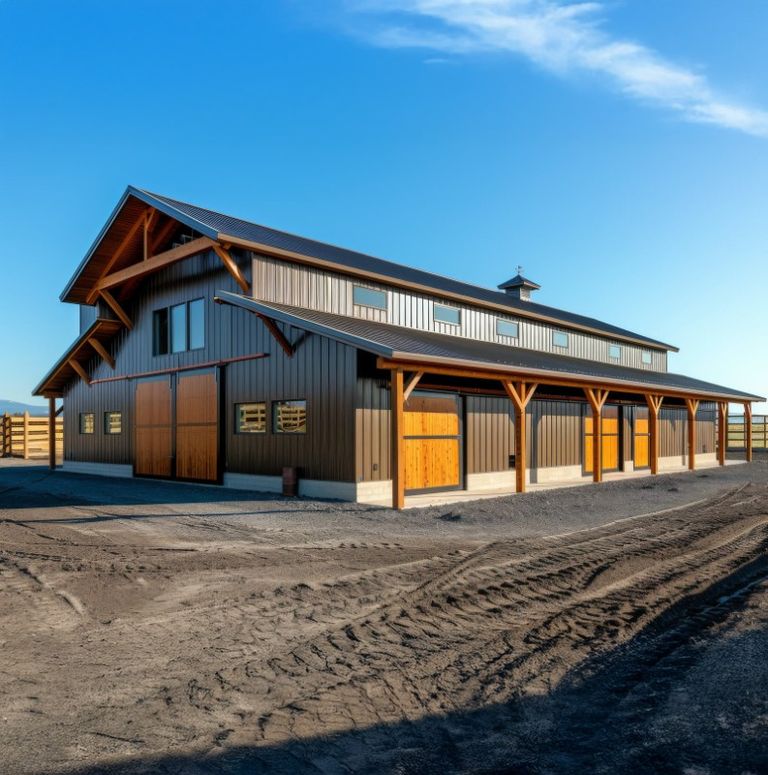 Large timber-accented barn with a row of sliding stall doors