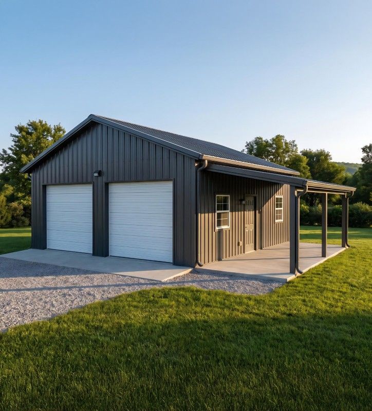Charcoal pole barn with white overhead doors and an open side lean-to