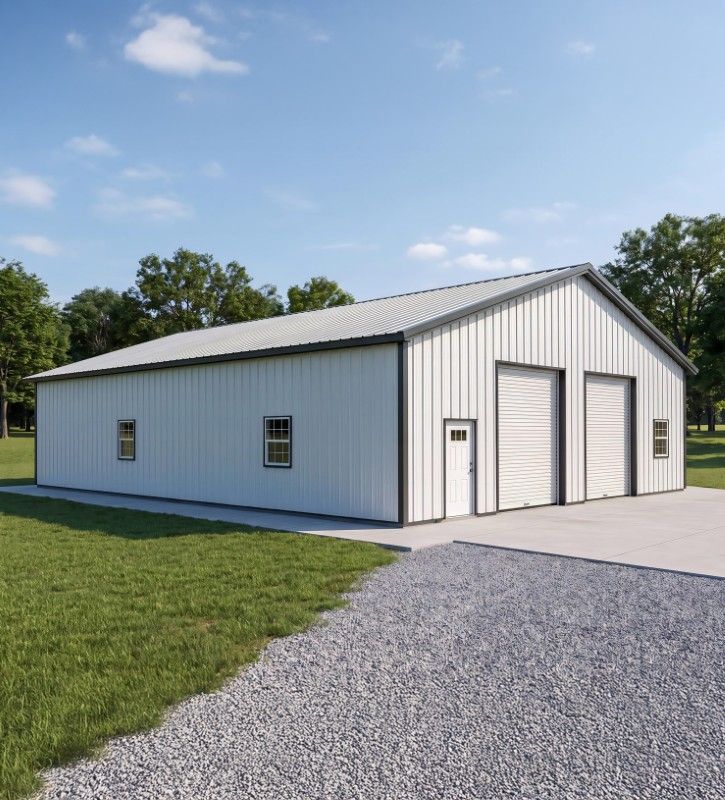 White post frame building with two overhead doors and a gravel drive
