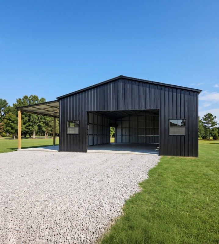 Dark post frame garage with an open bay and attached lean-to