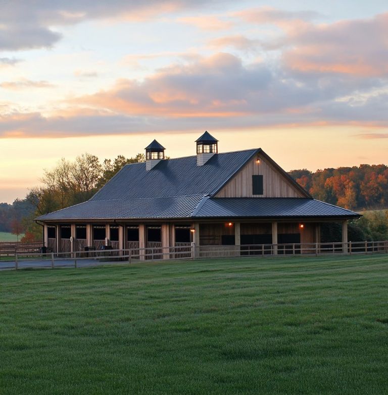 Horse barn at dusk with cupolas and a covered overhang beside a paddock