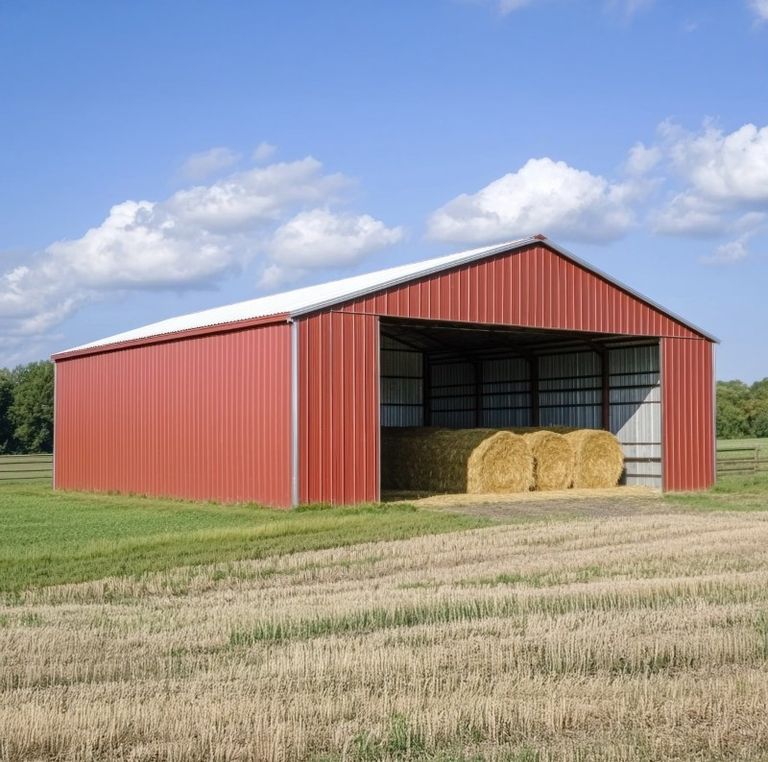 Red machine shed with an open bay holding round hay bales